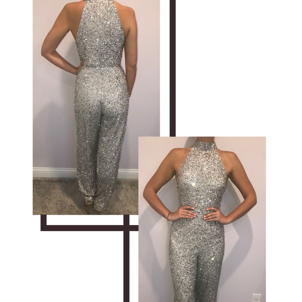 Silver Sequin Prom Dress with Halter Neckline